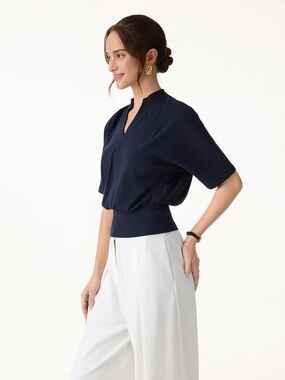 NWT OGL Stand Collar V-Neck Short Sleeve Top IN NAVY